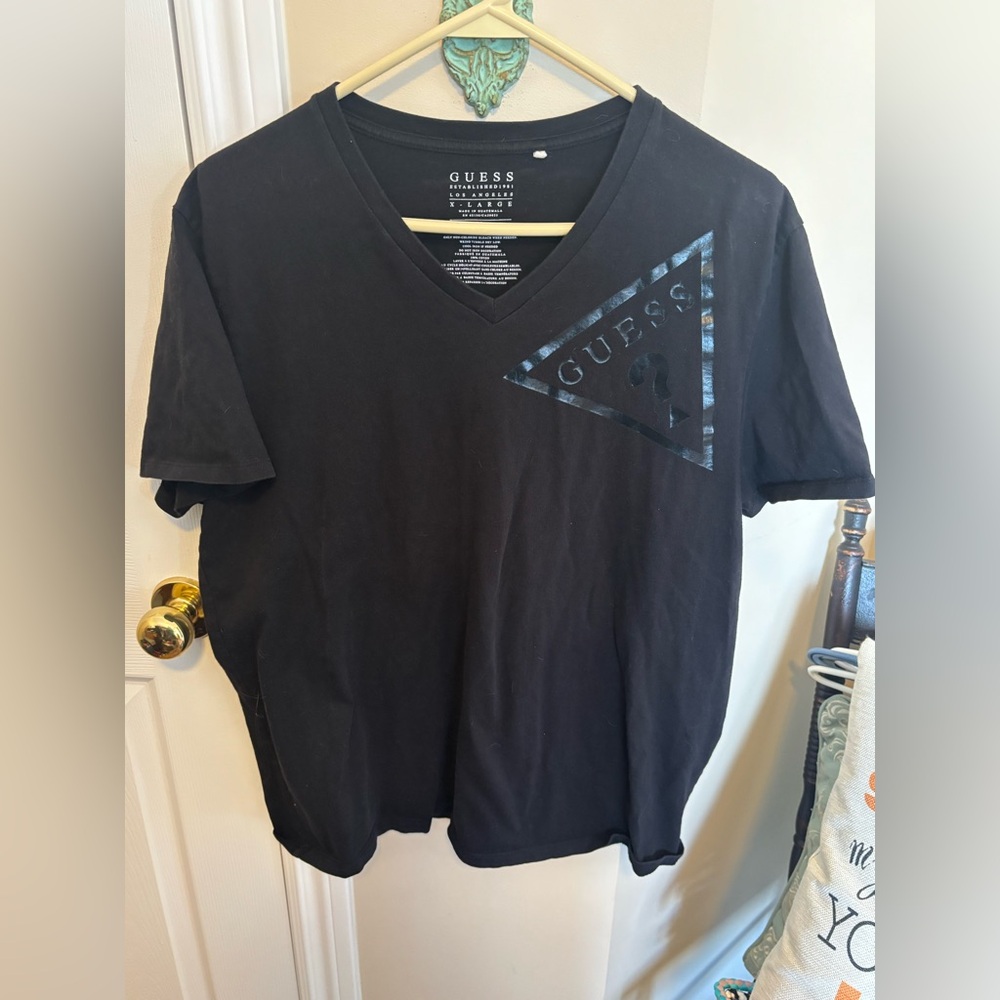 Guess Black Short Sleeve V-Neck Tee with Triangle Logo